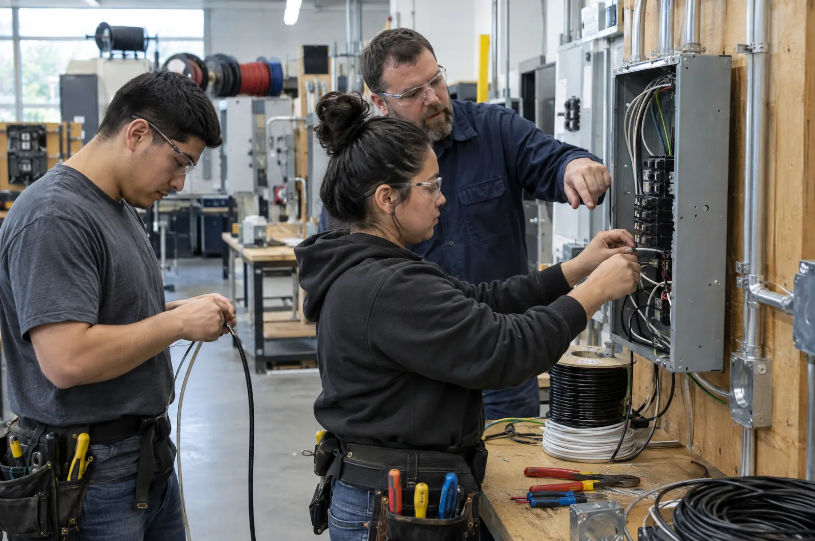 College students wiring an electrical panel in a training lab