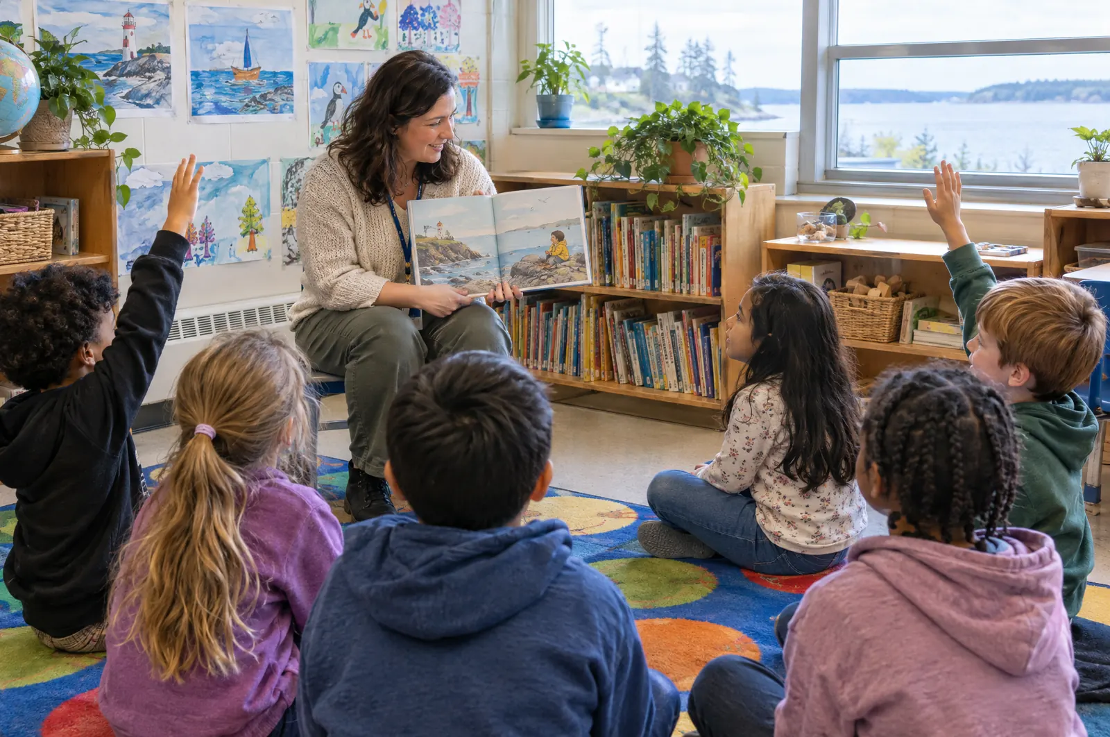 A teacher reading a picture book to young children on a classroom rug