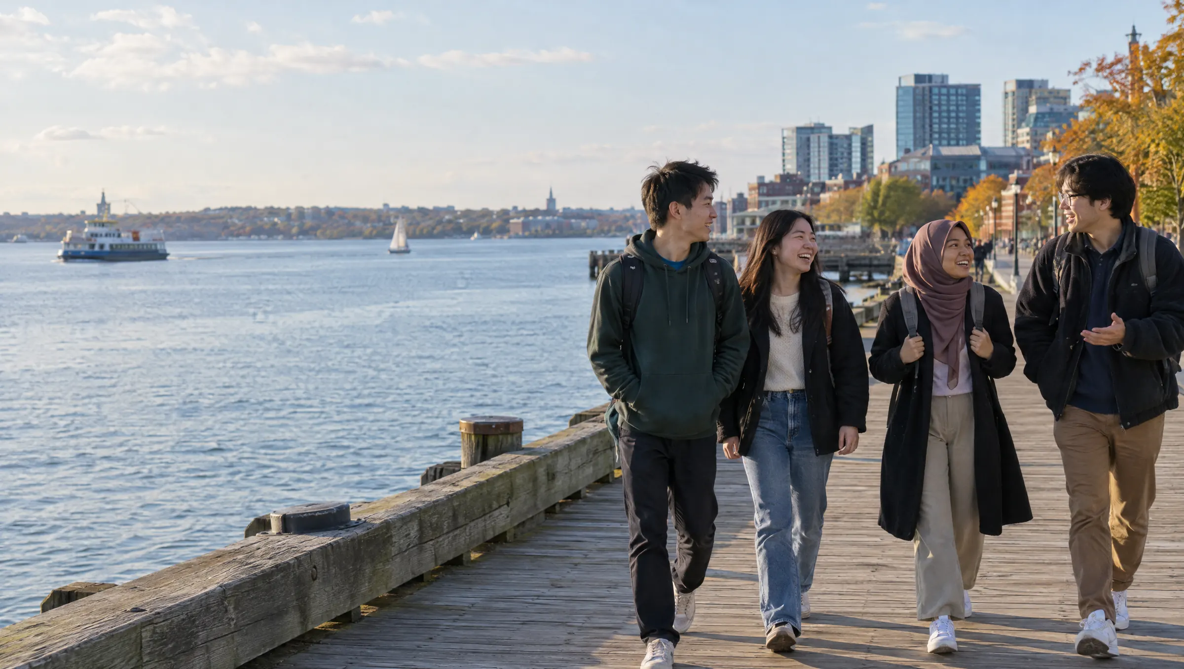 University students walking along the Halifax harbourfront boardwalk on an autumn afternoon