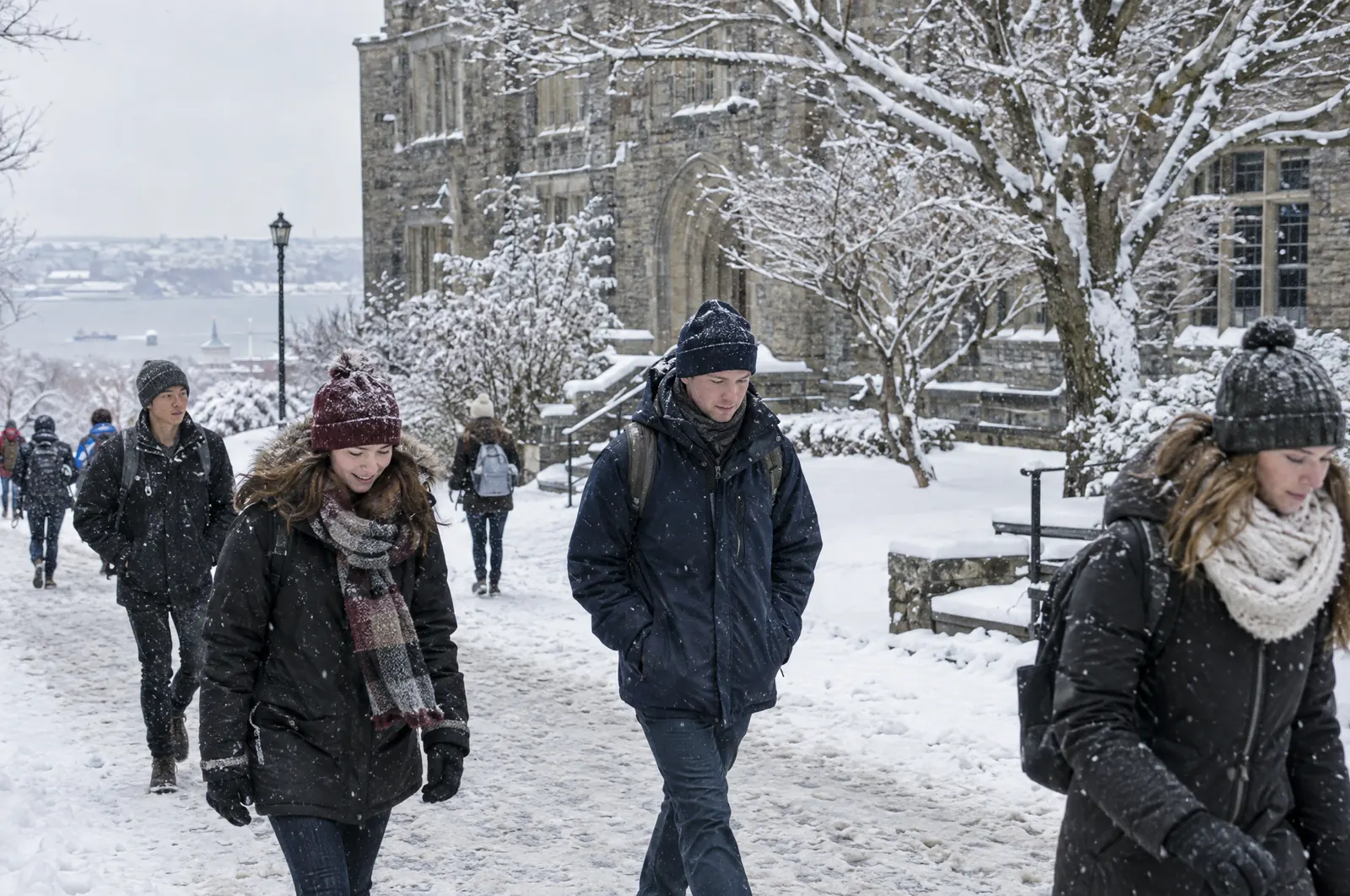 Students in winter coats walking across a snowy campus in Halifax